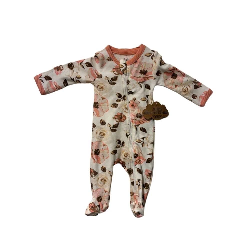 Baby Essentials Floral Footed Sleeper Pink White Rose Cotton Zip Up Romper 3M‎
